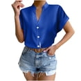 thumbnail image 1 of Womens Blouse Shirts Button V Neck Short Sleeve Summer Tops for Women Dressy Casual Formal Business Solid Shirt (Small, Blue), 1 of 7