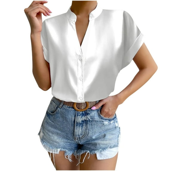 Womens Blouse Shirts Button V Neck Short Sleeve Summer Tops for Women Dressy Casual Formal Business Solid Shirt (X-Large, White)