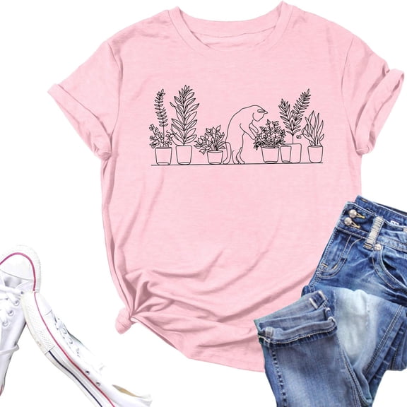 Womens Blouse Short Sleeve Crew Neck Printed Soft Fashion Apparel Petite Tops for Women,Pink,M