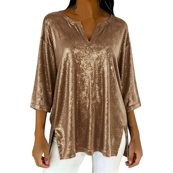 Womens Blouse Side Slit 3/4 Sleeve Notched V Neck Casual Trendy Tops