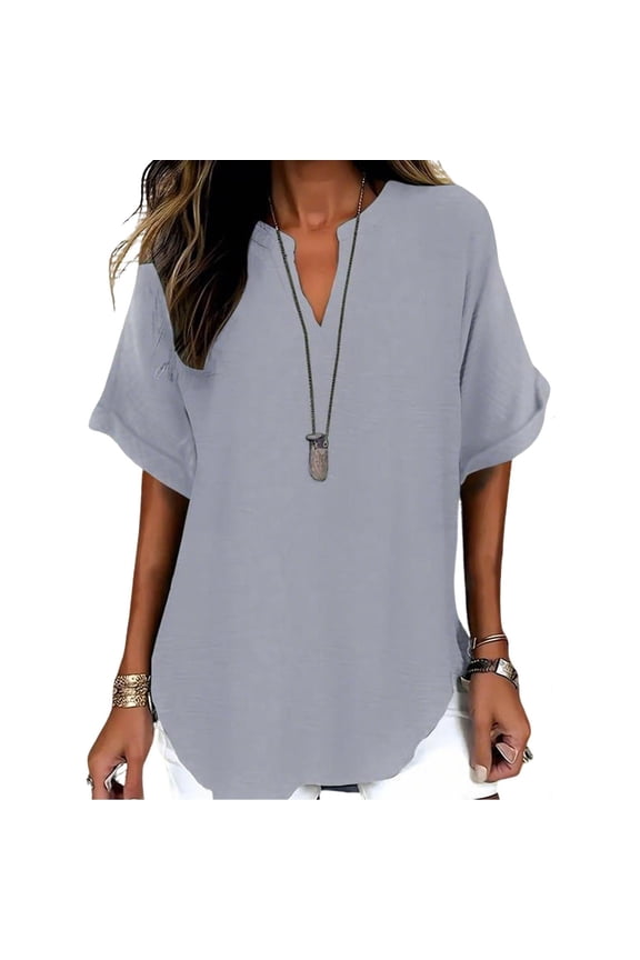 Womens Blouse Silky Flowy Summer Tops Short Sleeve Shirts V Neck Elegant Shirt Dressy Casual Asymmetrical Hem Longline Tops Ladies Basic Loose Tunic Tee Shirts