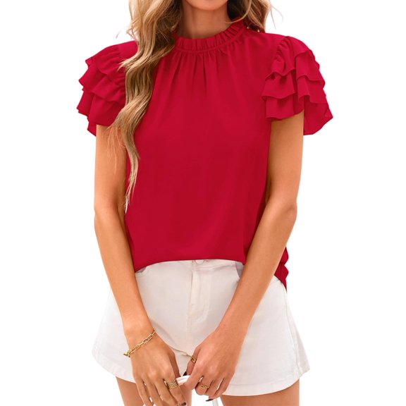 Womens Blouse Spring Summer Dressy Casual Ruffle Short Sleeve Frill Mock Neck Work Shirt Tops Red S