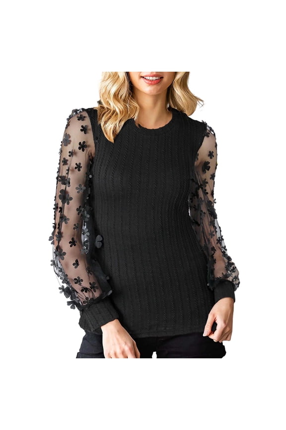 Womens Blouse Textured Flower Mesh Long Sleeve Spring Fall Casual Trendy Tops