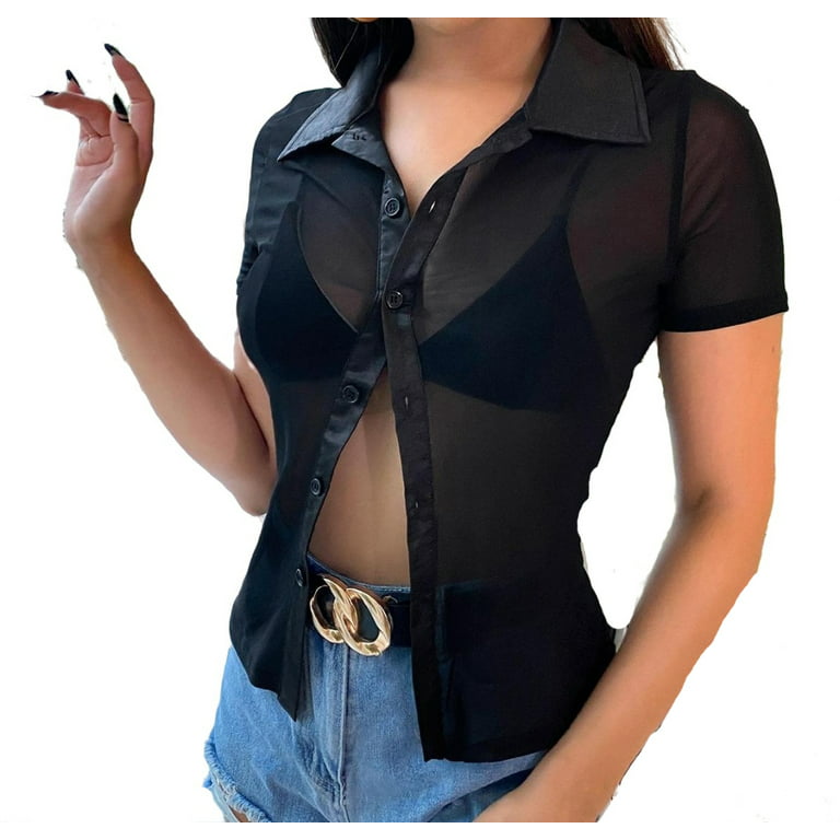 Womens Blouse Tops Button Through Sheer Mesh Shirt Without Bra Black L 