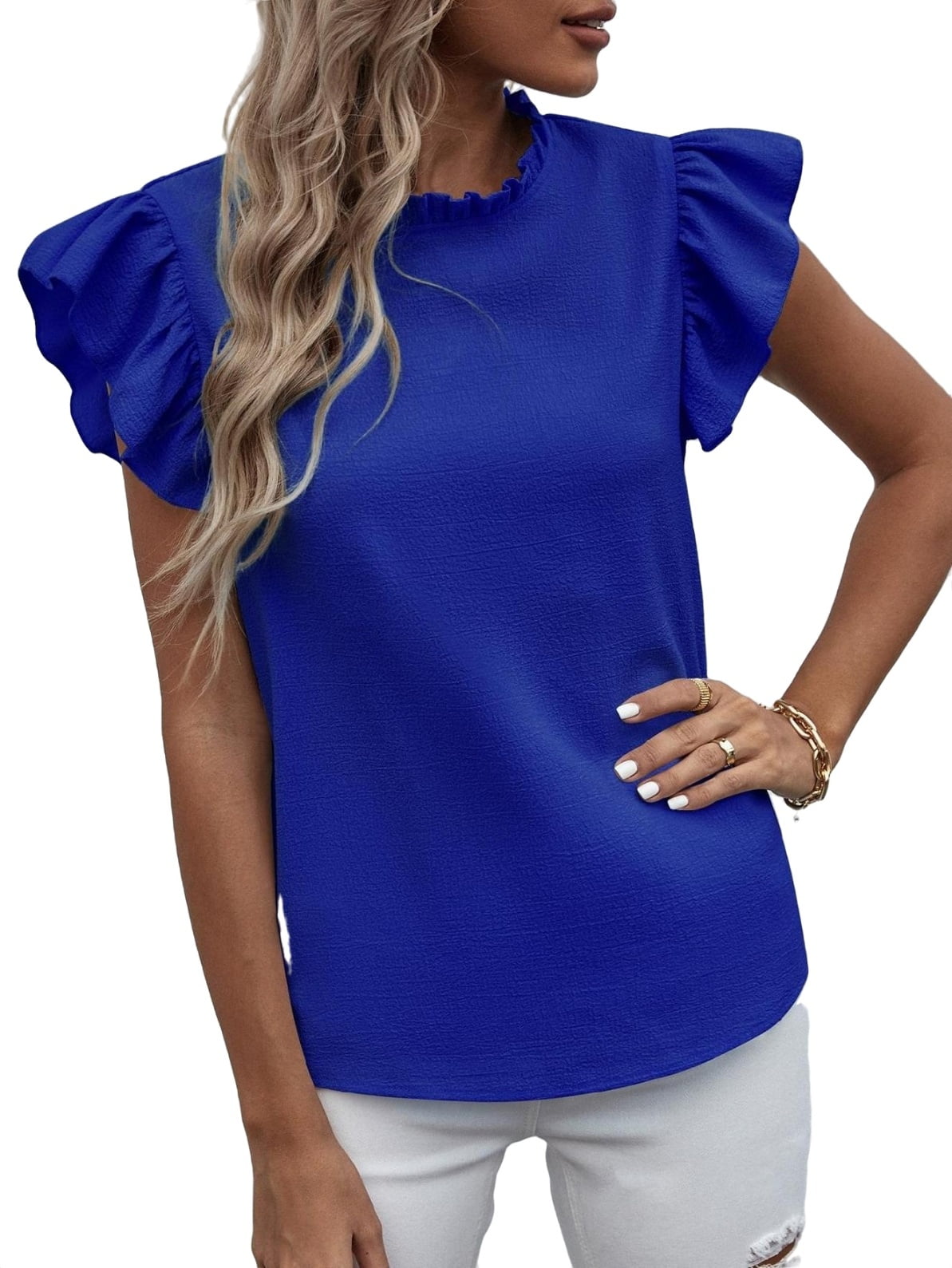 Royal blue ruffle best sale blouse