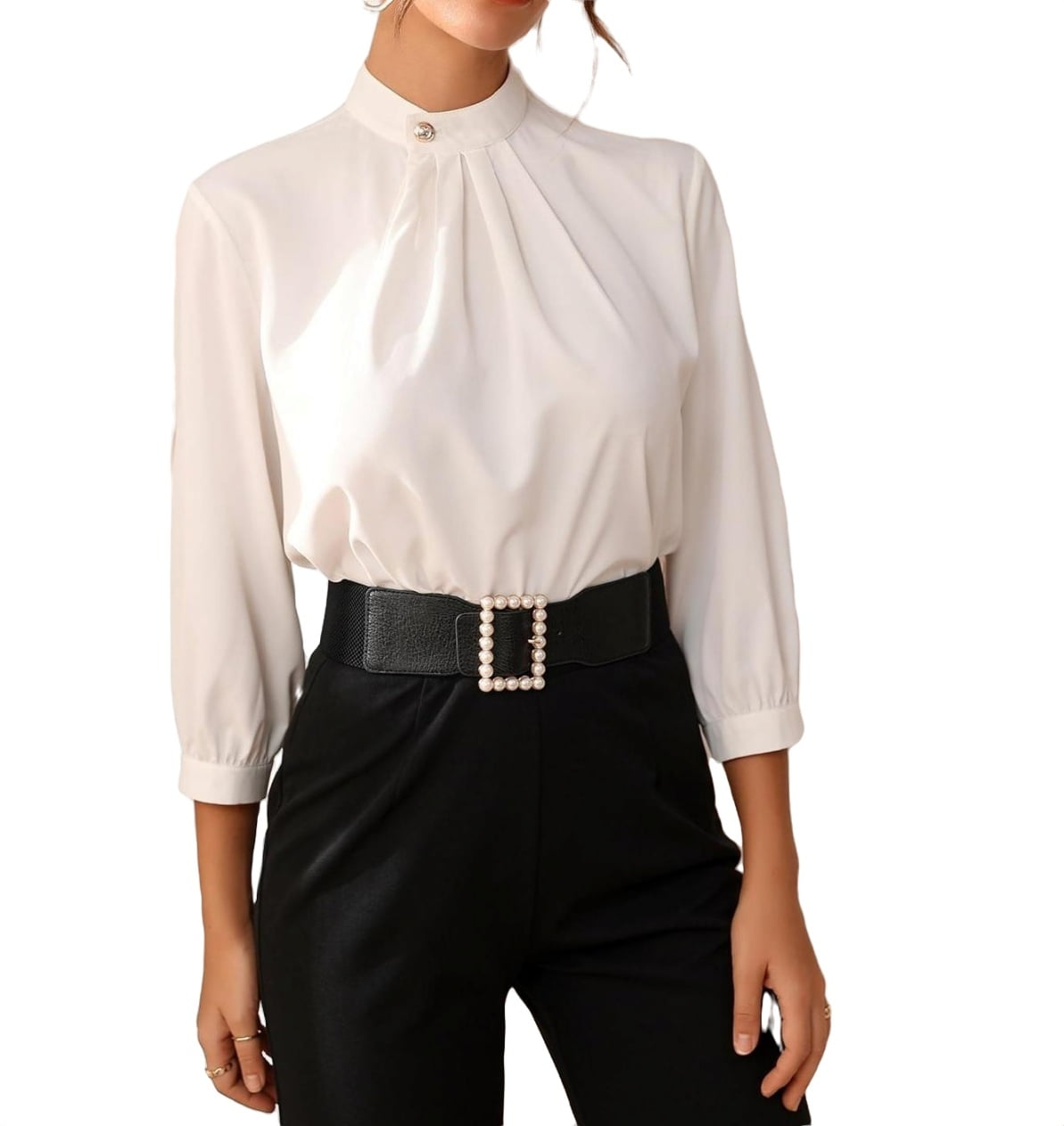 Womens Blouse Tops Mock Neck Three Quarter Sleeve Blouse White XL