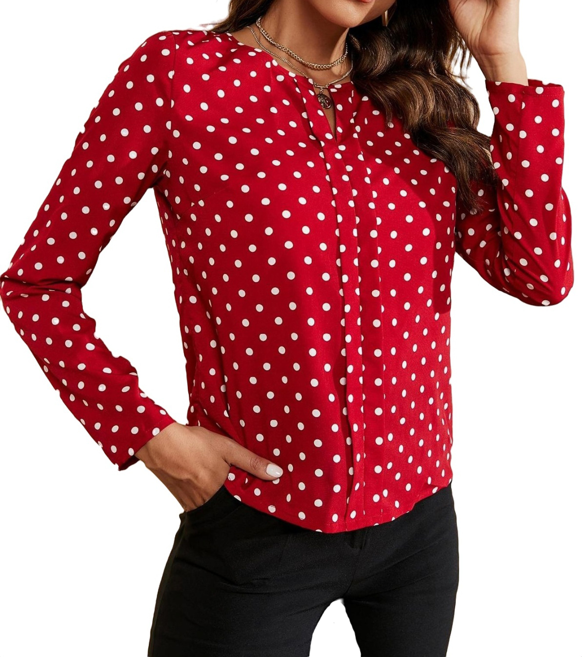 Womens Blouse Tops Polka Dot Notched Neck Blouse Burgundy L