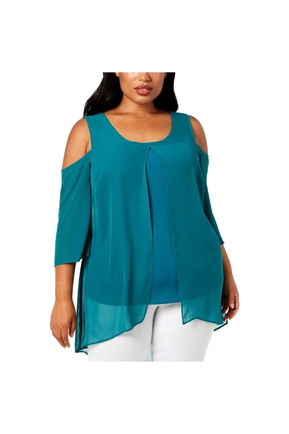 Plus Size Cold Shoulder Chiffon Trim Tunic Fan Faer Mixcombo 3X