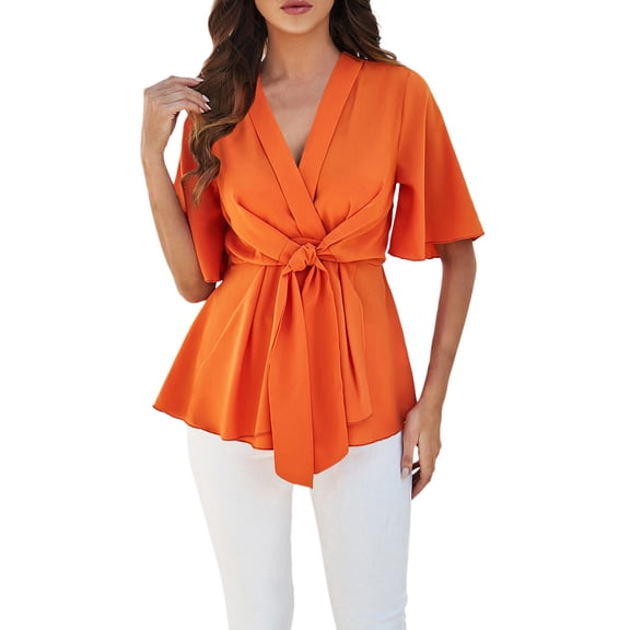 Womens Blouse V Neck Bell Sleeve Ruffle Hem Tie Front Elegant Trendy Tops