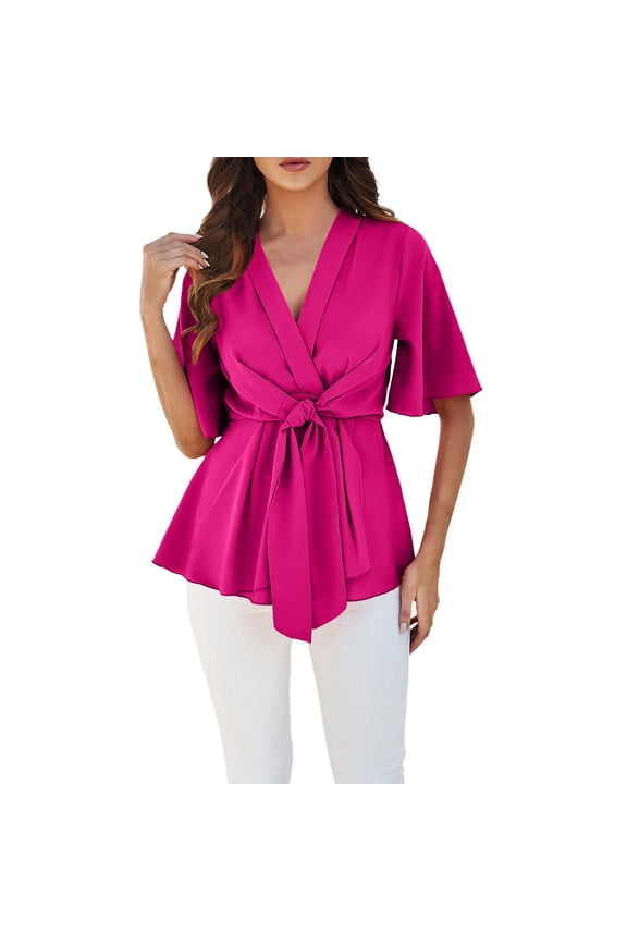 Womens Blouse V Neck Bell Sleeve Ruffle Hem Tie Front Elegant Trendy Tops