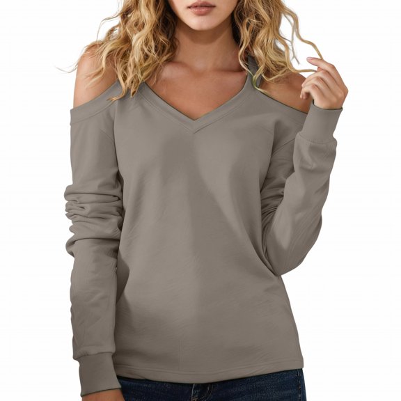 Womens Blouse V Neck Cold Shoulder Long Sleeve Loose Sexy Basic Plus Size Tops