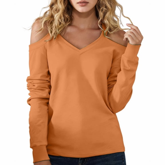 Womens Blouse V Neck Cold Shoulder Long Sleeve Loose Sexy Basic Plus Size Tops