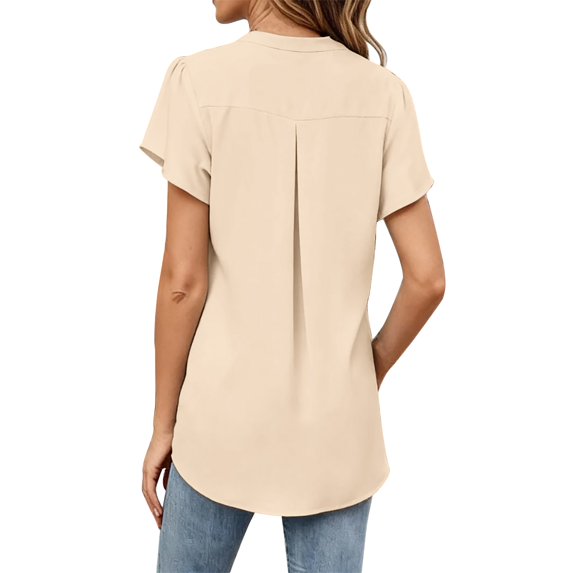 Womens Blouse V Neck Pleated Sleeve Loose Summer Lightweight Trendy Tops