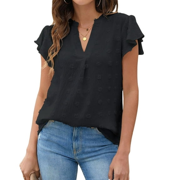 Womens Blouse V Neck Ruffle Sleeve Flowy Shirts Dressy Casual Cute Summer Tops Black XL