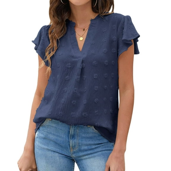 Womens Blouse V Neck Ruffle Sleeve Flowy Shirts Dressy Casual Cute Summer Tops Navy Blue L