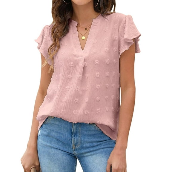 Womens Blouse V Neck Ruffle Sleeve Flowy Shirts Dressy Casual Cute Summer Tops Pink S