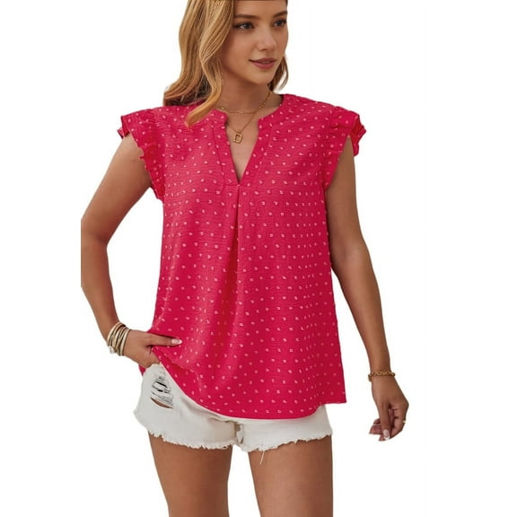 Womens Blouse V Neck Ruffle Sleeve Flowy Shirts Dressy Casual Cute Summer Tops Rose Red M