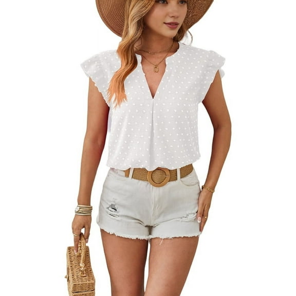 Womens Blouse V Neck Ruffle Sleeve Flowy Shirts Dressy Casual Cute Summer Tops White S