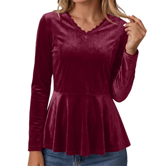 Womens Blouse Velvet Lace Trim V Neck Ruffled Loose Elegant Plus Size Tops