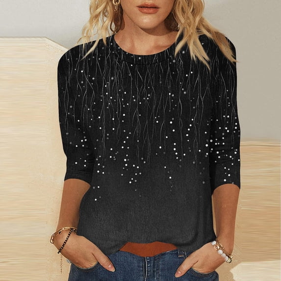 Womens Blouses 3/4 Length Sleeve Womens Tops Casual Round Neck Cute Tops Fashion Loose Fit T Shirts Ladies Tops and Blouses Long Sleeve Shirts for Women