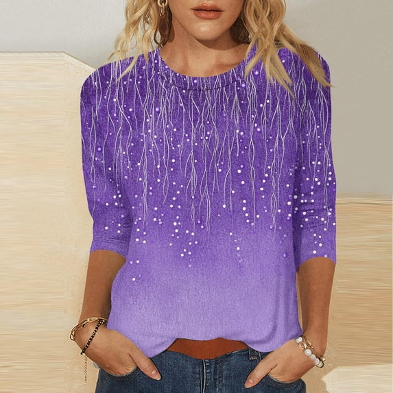 Womens Blouses 3/4 Length Sleeve Womens Tops Casual Round Neck Cute Tops Fashion Loose Fit T Shirts Ladies Tops and Blouses Long Sleeve Shirts for Women