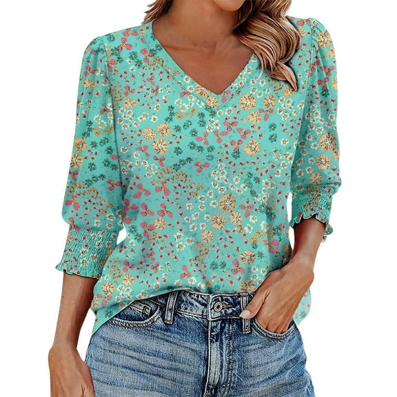 Womens Blouses 3/4 Sleeve Dressy Casual Elegant V Neck Floral Printed Top Summer Loose Fit Breathable Smocked Trendy Lightweight Green Basic Business Shirts for Women