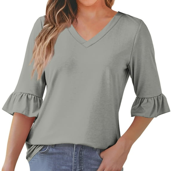 Womens Blouses 3/4 Sleeve Dressy Tops Business Casual Shirts V Neck Bell-Sleeve Tops Dressy Casual Loose Fitting Tunic Off the Shoulder Sweatshirt Gray L