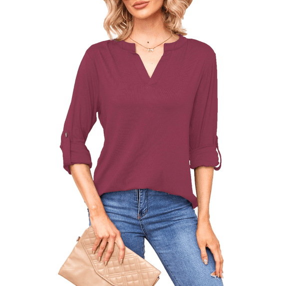 Womens Blouses 3/4 Sleeve Shirts for Women Long Sleeve V Neck Tunic Tops(Mauve S)