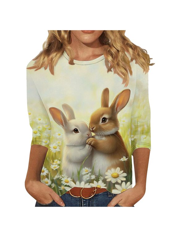Womens Blouses 3/4 Sleeve,Women Easter Shirts 2025 Cute Rabbit Bunny Pullovers Religious Tunic Blouse Funny Egg Graphic Tees 3/4 Length Sleeve Tops