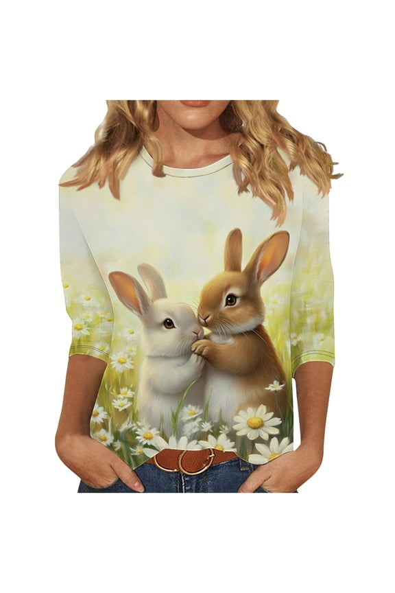 Womens Blouses 3/4 Sleeve,Women Easter Shirts 2025 Cute Rabbit Bunny Pullovers Religious Tunic Blouse Funny Egg Graphic Tees 3/4 Length Sleeve Tops