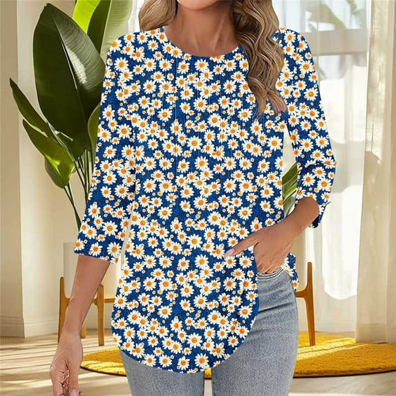 Womens Blouses 3/4 Sleeved Round Neck Printed Casual Top T-shirt Navy XXS,Tops for Women