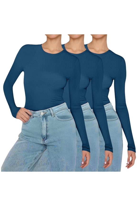 Womens Blouses 3 Pieces Women Basic Long Sleeve Top Slim Baby Tee Round Neck Dupe Crop Layering Slim Top Blouse Aesthetic Streetwear Fashion Clothing