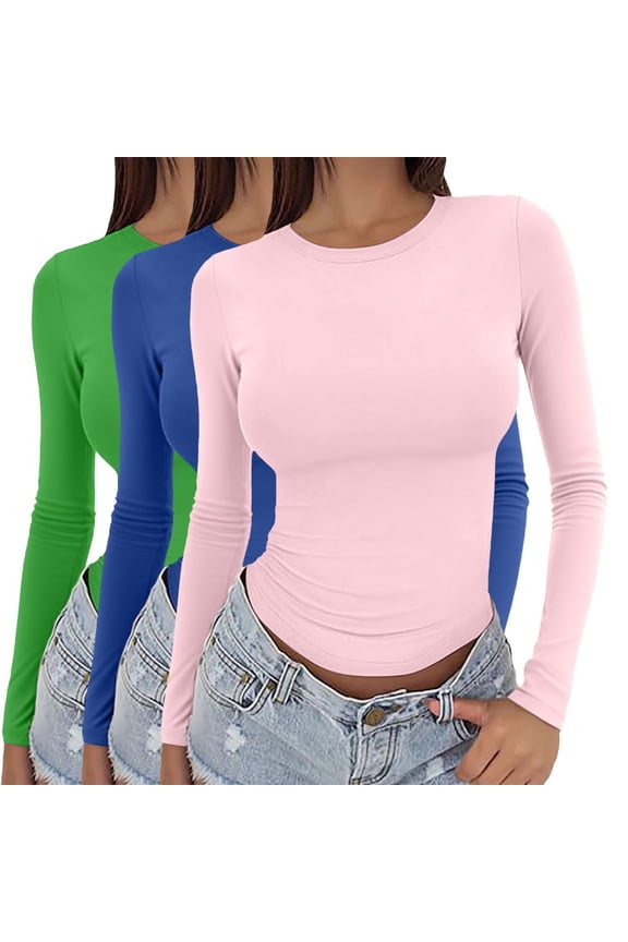 Womens Blouses 3 Pieces Women Y2k Basic Long Sleeve Top Slim Baby Tee Round Neck Dupe Crop Layering Slim Top Blouse Aesthetic Streetwear Fashion Clothing