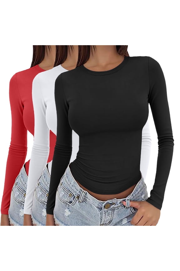 Womens Blouses 3 Pieces Women Y2k Basic Long Sleeve Top Slim Baby Tee Round Neck Dupe Crop Layering Slim Top Blouse Aesthetic Streetwear Fashion Clothing