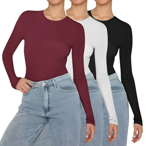 Womens Blouses 3PCS Women's Solid Color Fashionable Casual Round Neck Long Sleeved Irregular T Shirt Top Fashion Clothing
