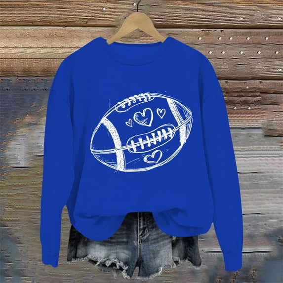 Womens Blouses American Football Print Solid Color Round Neck Ladies Sweatshirt Long Sleeve Shirts for Women