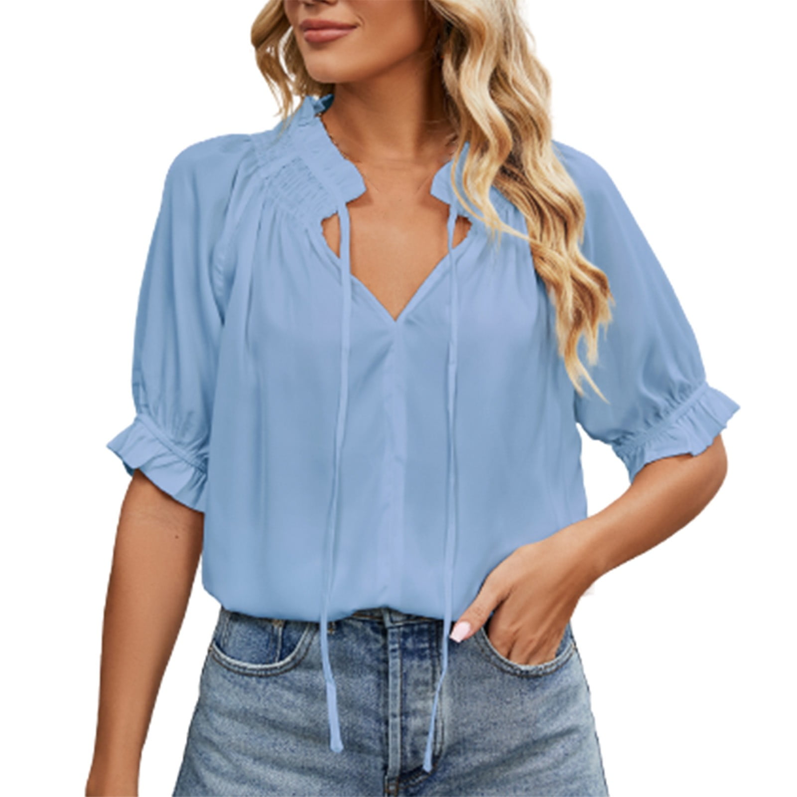 Womens Blouses And Tops Dressy Women's Round- Neck Solid Color