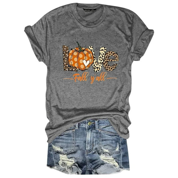 Womens Blouses Autumn Funny Printed Short Sleeve Round Neck Ladies Casual Blouse,Grey,3XL