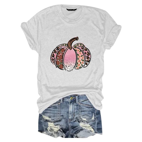 Womens Blouses Autumn Loose Pumpkin Printed Short Sleeve Round Neck Ladies Clothing,White,2XL