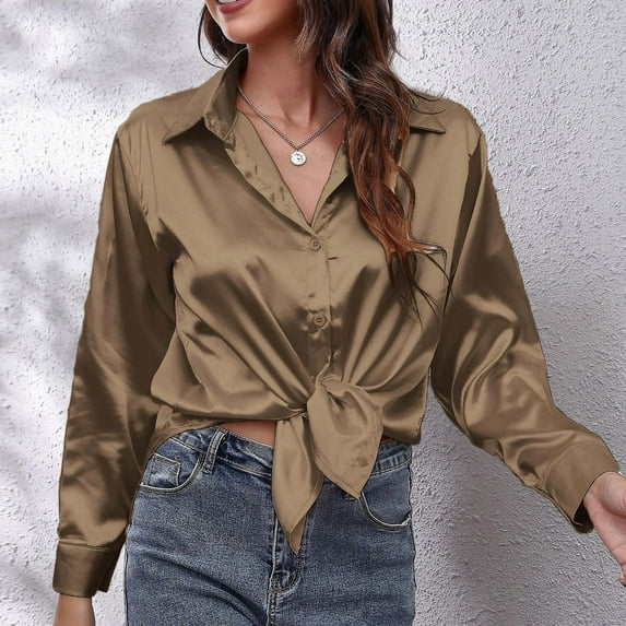 Womens Blouses Autumn Winter Satin Silk Solid Color Lapel Long Sleeve Loose Casual Tops Sportwear