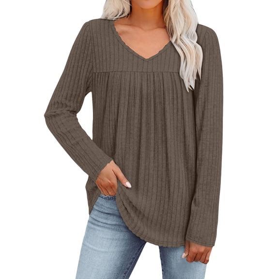 Womens Blouses Casual, Comdrip Women's Casual Long Sleeved Shirt with Brushed and Pleated Fashion T Shirt Long Sleeve Work Tops for Women Brown S
