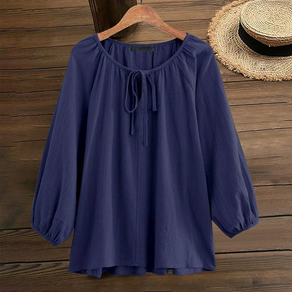 Womens Blouses Casual Cotton and Linen Pullover Round Neck Loose Fitting Drawstring Sleeves Long Sleeved Shirt Going Out Tops for Women