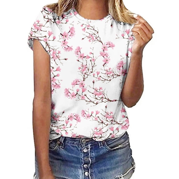 Womens Blouses Casual Floral Print Round Neck Short Sleeve Ladies Clothing,White,S