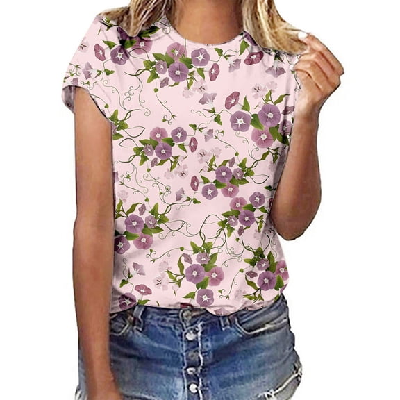 Womens Blouses Casual Floral Print Round Neck Short Sleeve Womens Athletic Tops,Purple,L