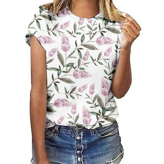 Womens Blouses Casual Floral Print Round Neck Short Sleeve Womens Business Casual Tops,White,XL