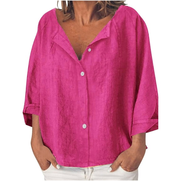 Womens Blouses Casual Long Sleeve Neck Long Sleeve Cotton Aline Loose Button Tunic Summer Blouse
