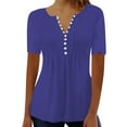 thumbnail image 1 of Womens Blouses Casual Pleated Round Neck Button Open Short Sleeve Loose T Shirt Shirt Top on Sale, 1 of 5