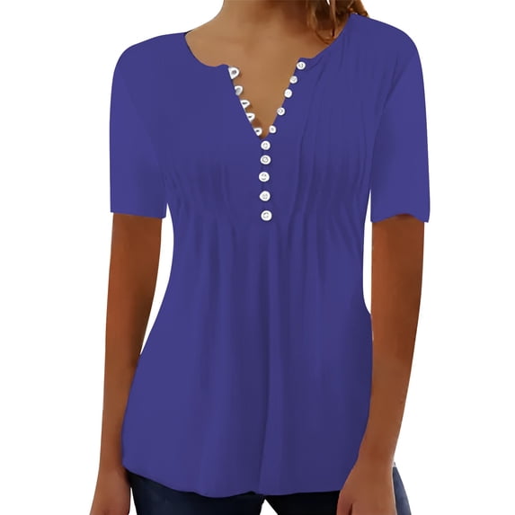 Womens Blouses Casual Pleated Round Neck Button Open Short Sleeve Loose T Shirt Shirt Top on Sale