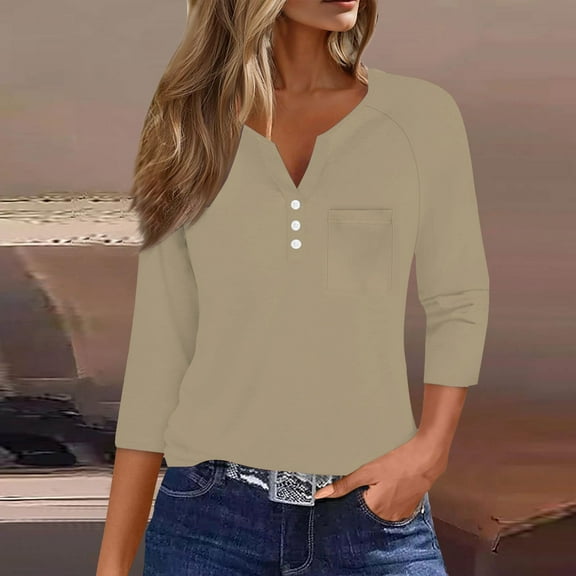 Womens Blouses Casual Seven Sleeve V Neck Button Down Tops with Pocket Loose Fit Blouse for Daily Wear Going Out Tops for Women