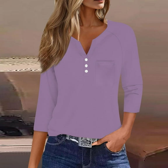 Womens Blouses Casual Seven Sleeve V Neck Button Down Tops with Pocket Loose Fit Blouse for Daily Wear Going Out Tops for Women